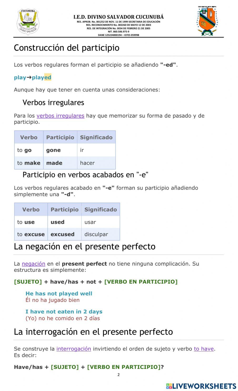PRESENT PERFECT ENGLISH 9º