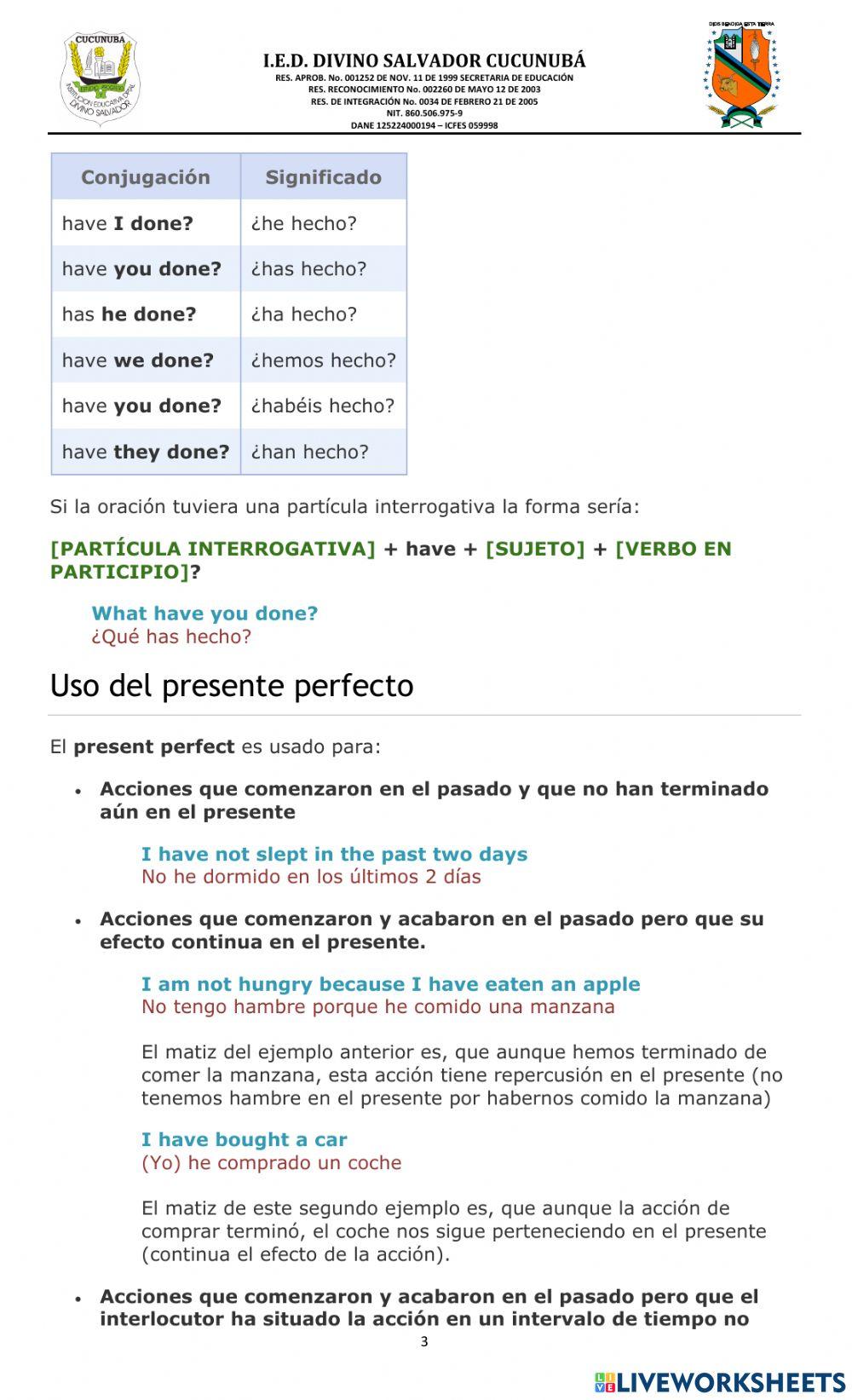 PRESENT PERFECT ENGLISH 9º