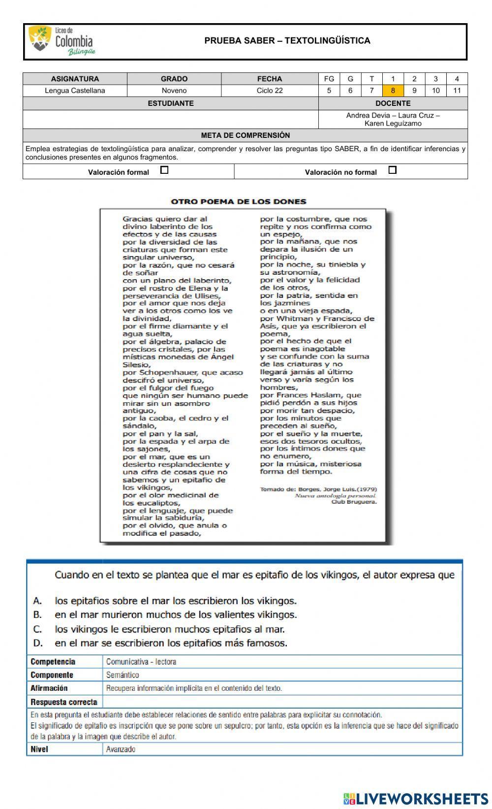 EJERCITACIÓN EN PRUEBA SABER OCTAVO