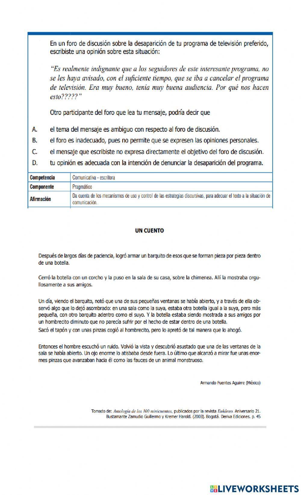 EJERCITACIÓN EN PRUEBA SABER OCTAVO