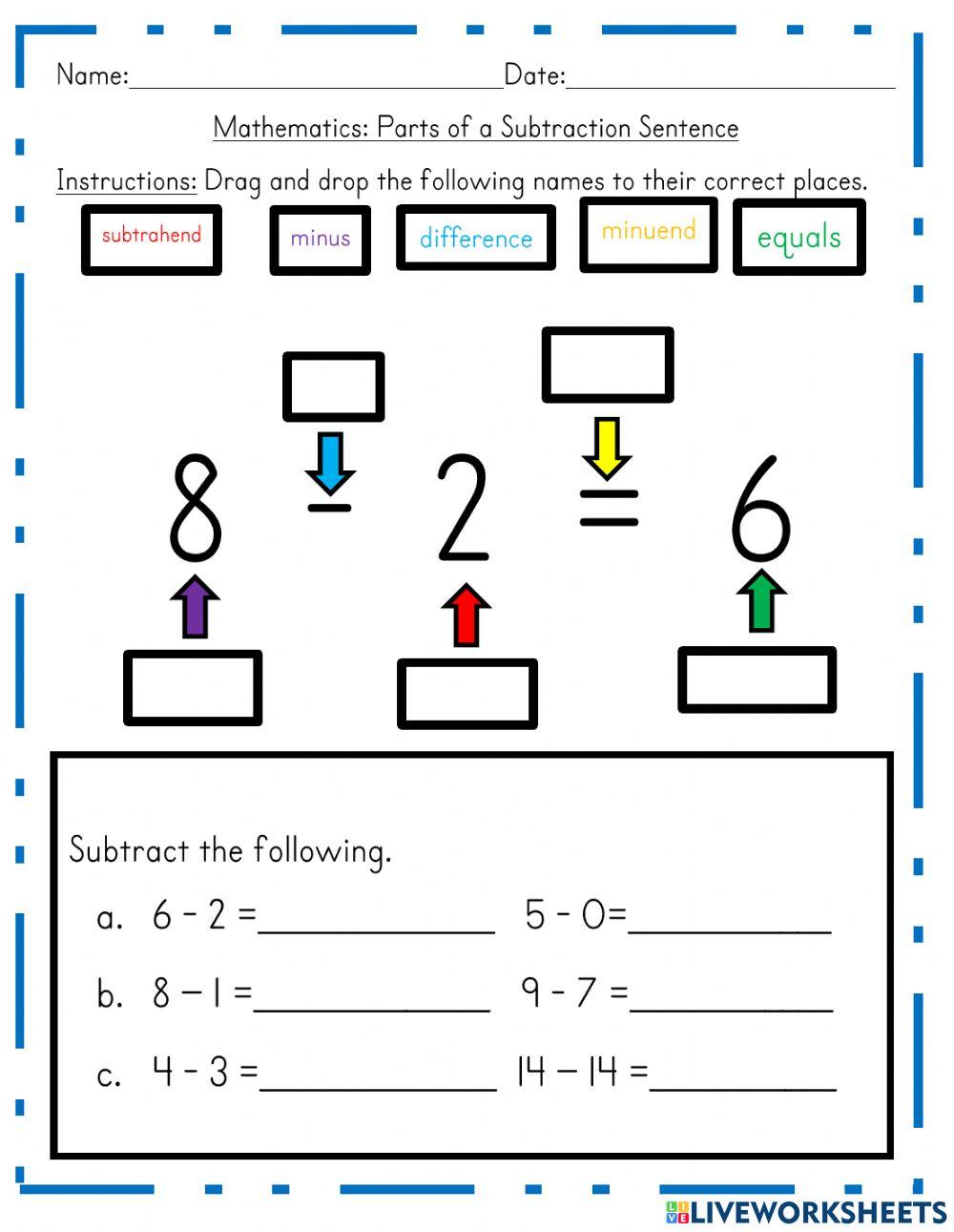 Parts Of A Subtraction Sentence