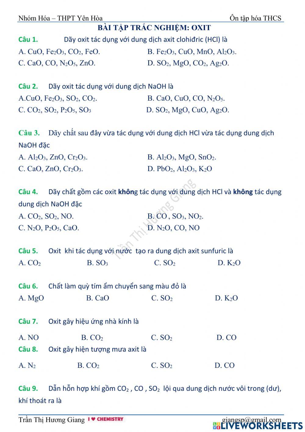 Trắc nghiệm oxit