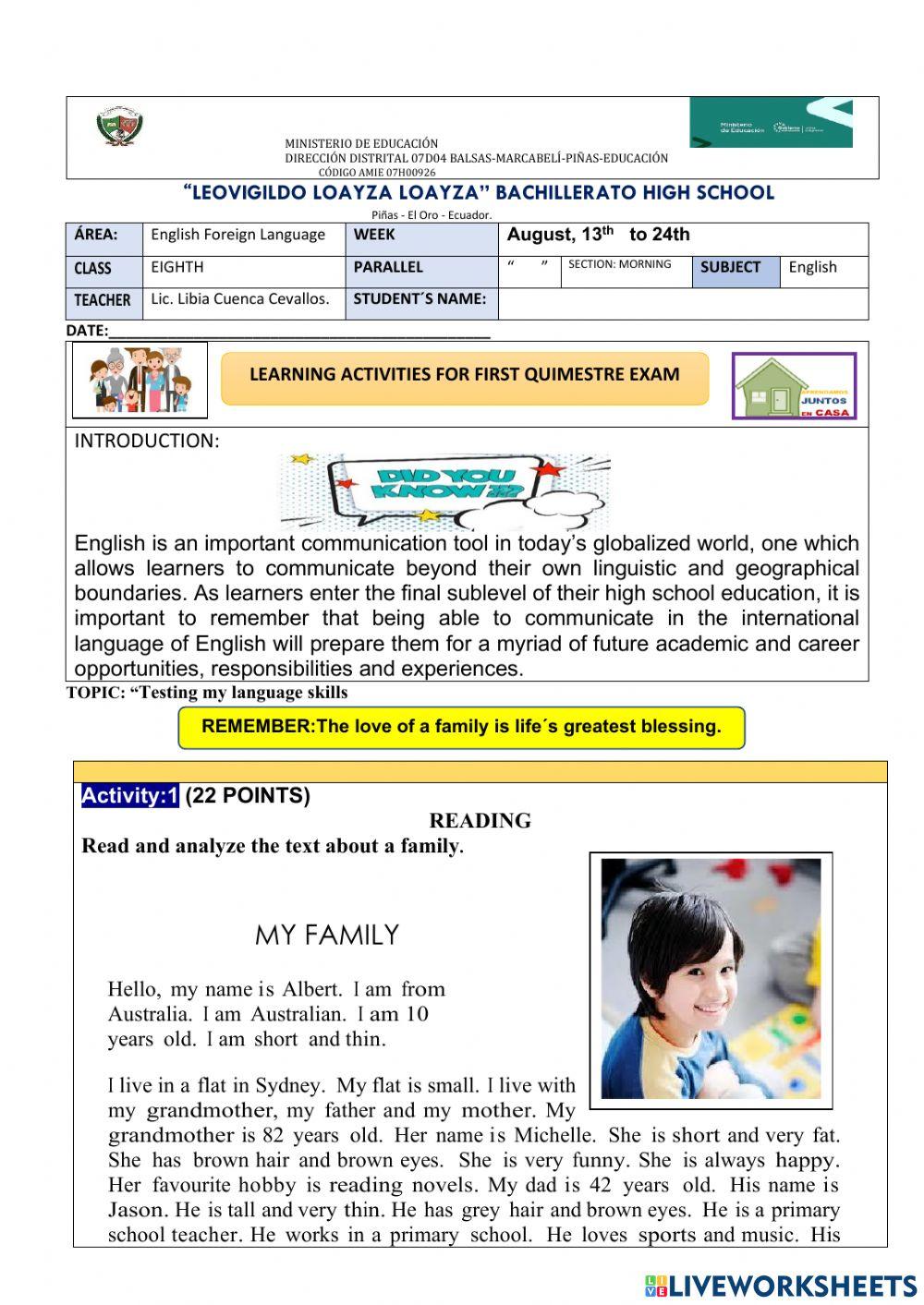 Learning activities for first quimestre exam