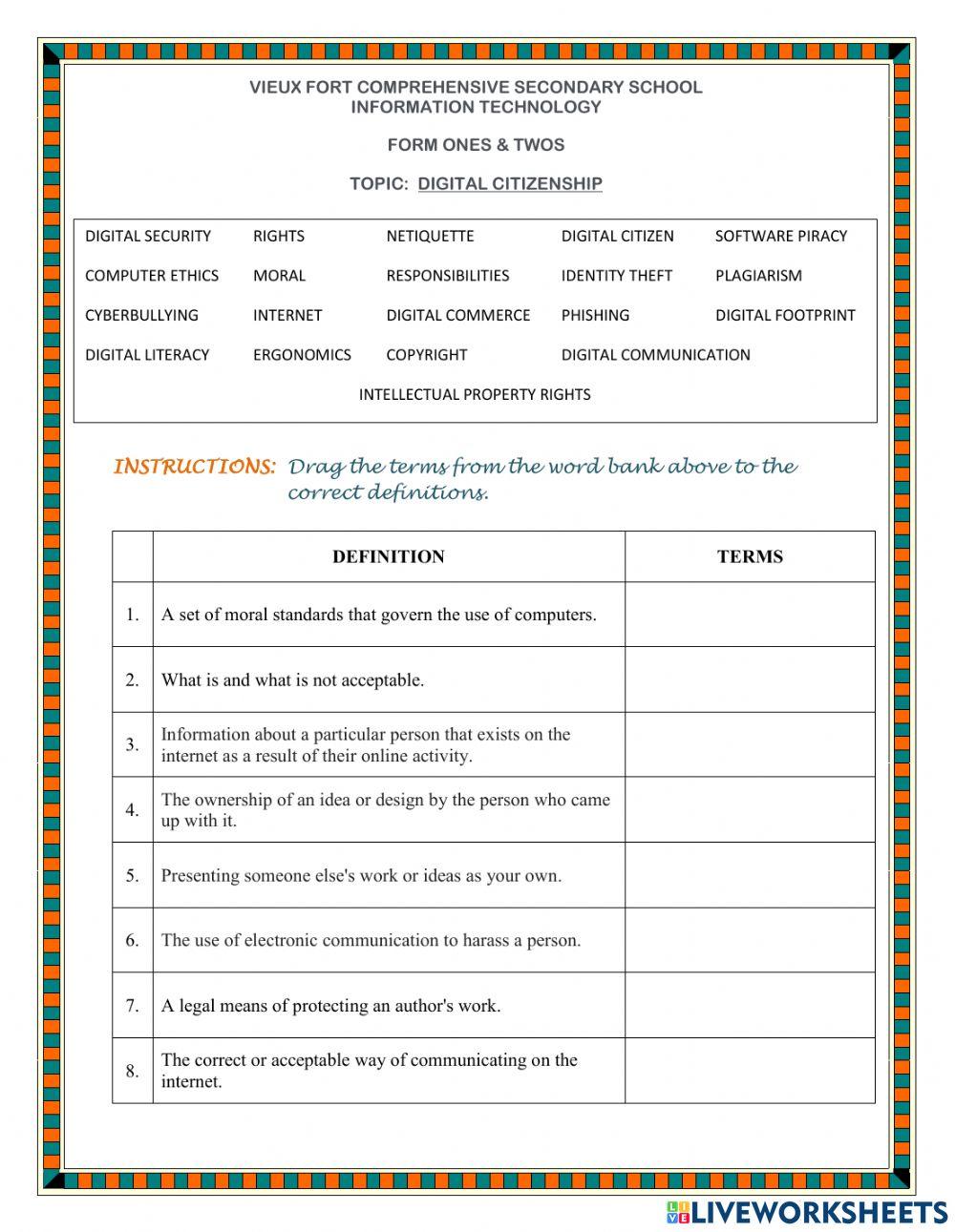 Digital Citizenship Vocabulary Worksheet online exercise for Live