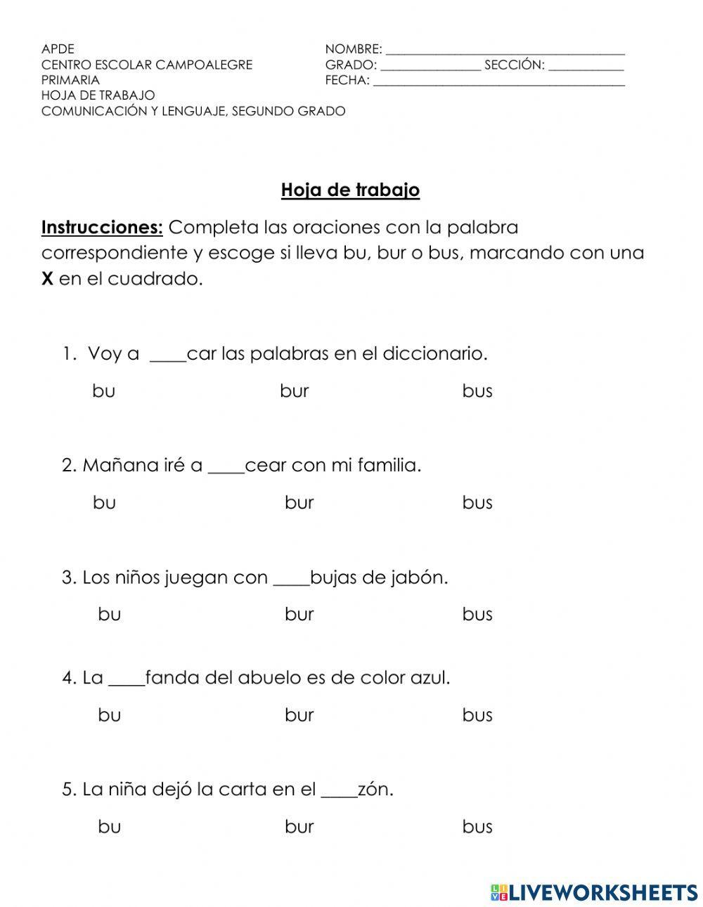 Palabras con bu, bur, bus