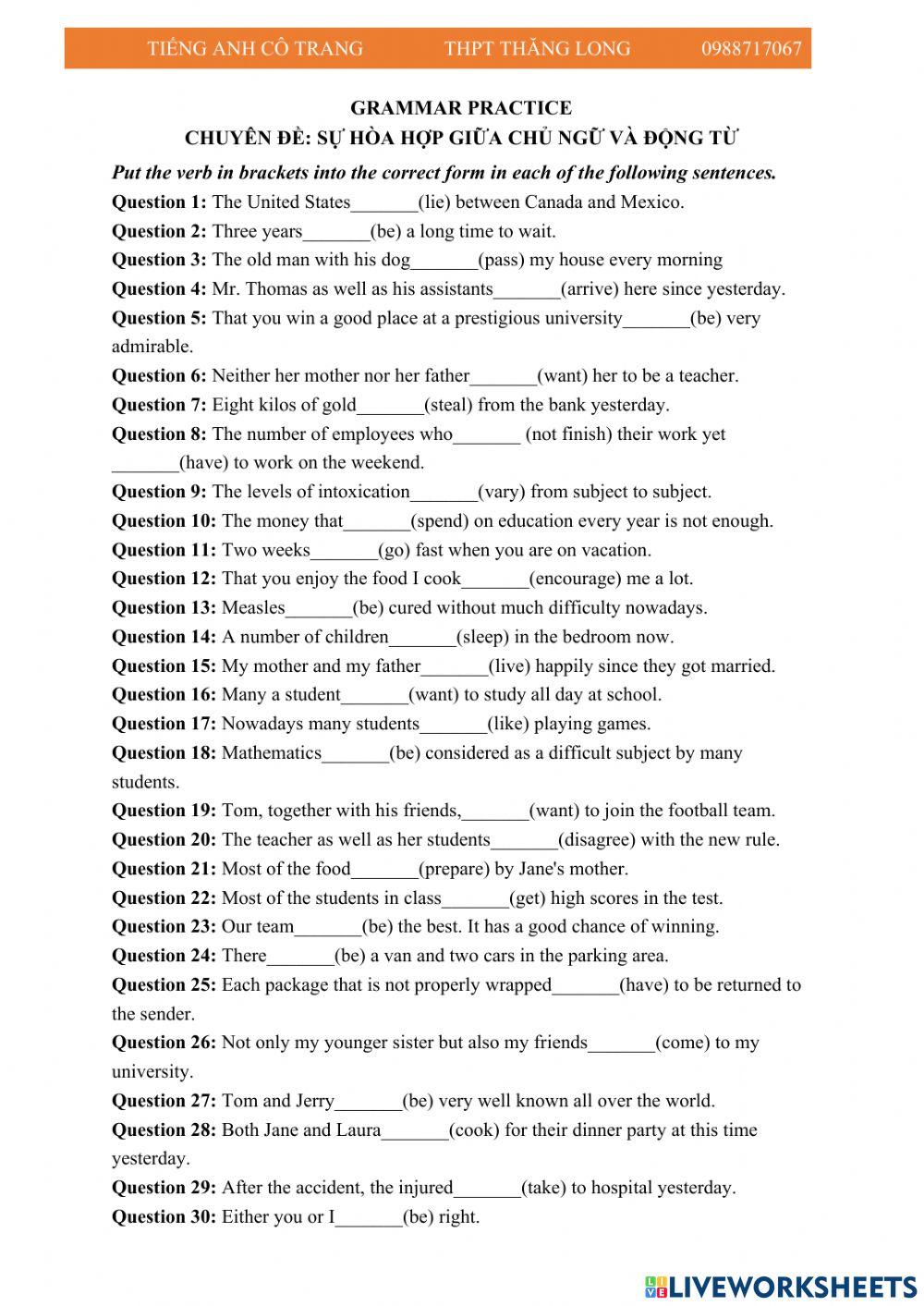 Grammar practice- The agreement between Subjects and verbs