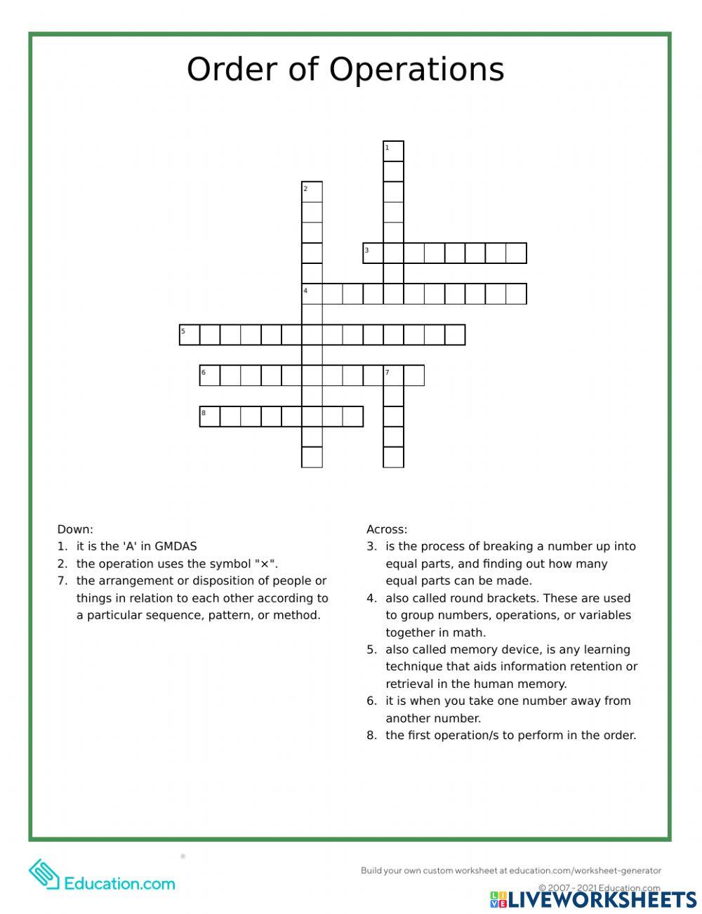 Math 5 order of operations crossword puzzle worksheet live worksheets