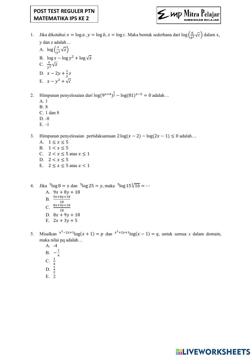 Post test reguler ptn matematika 2
