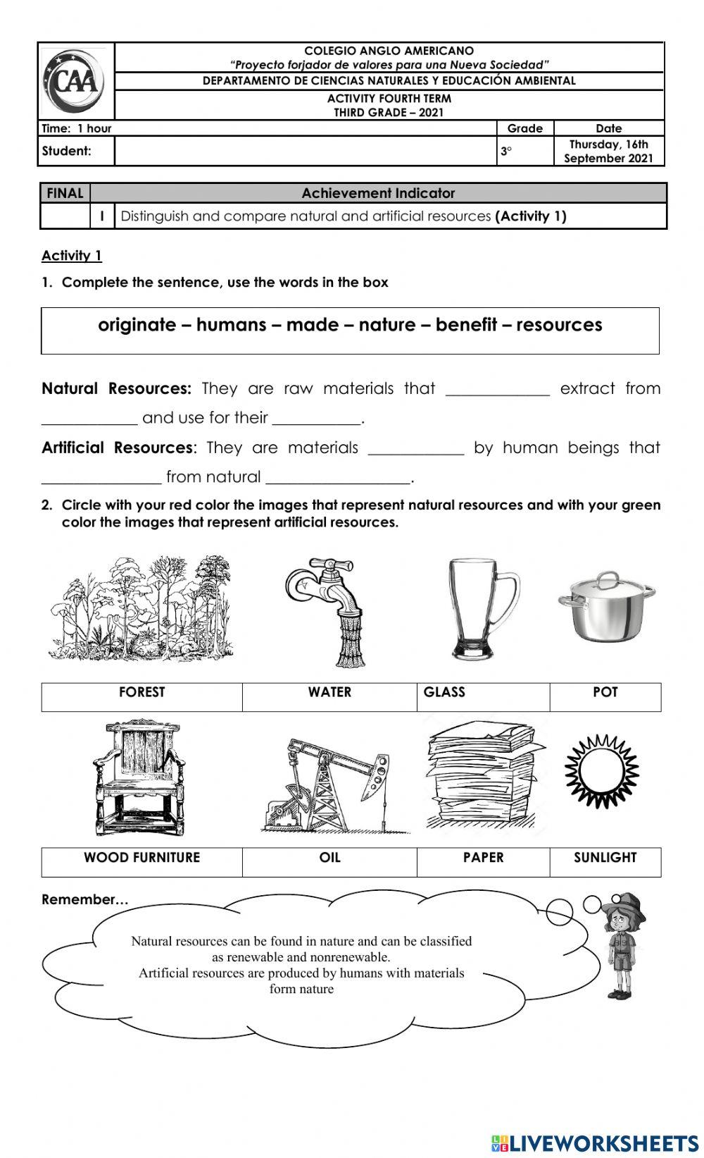 Natural Resources Worksheet Middle School