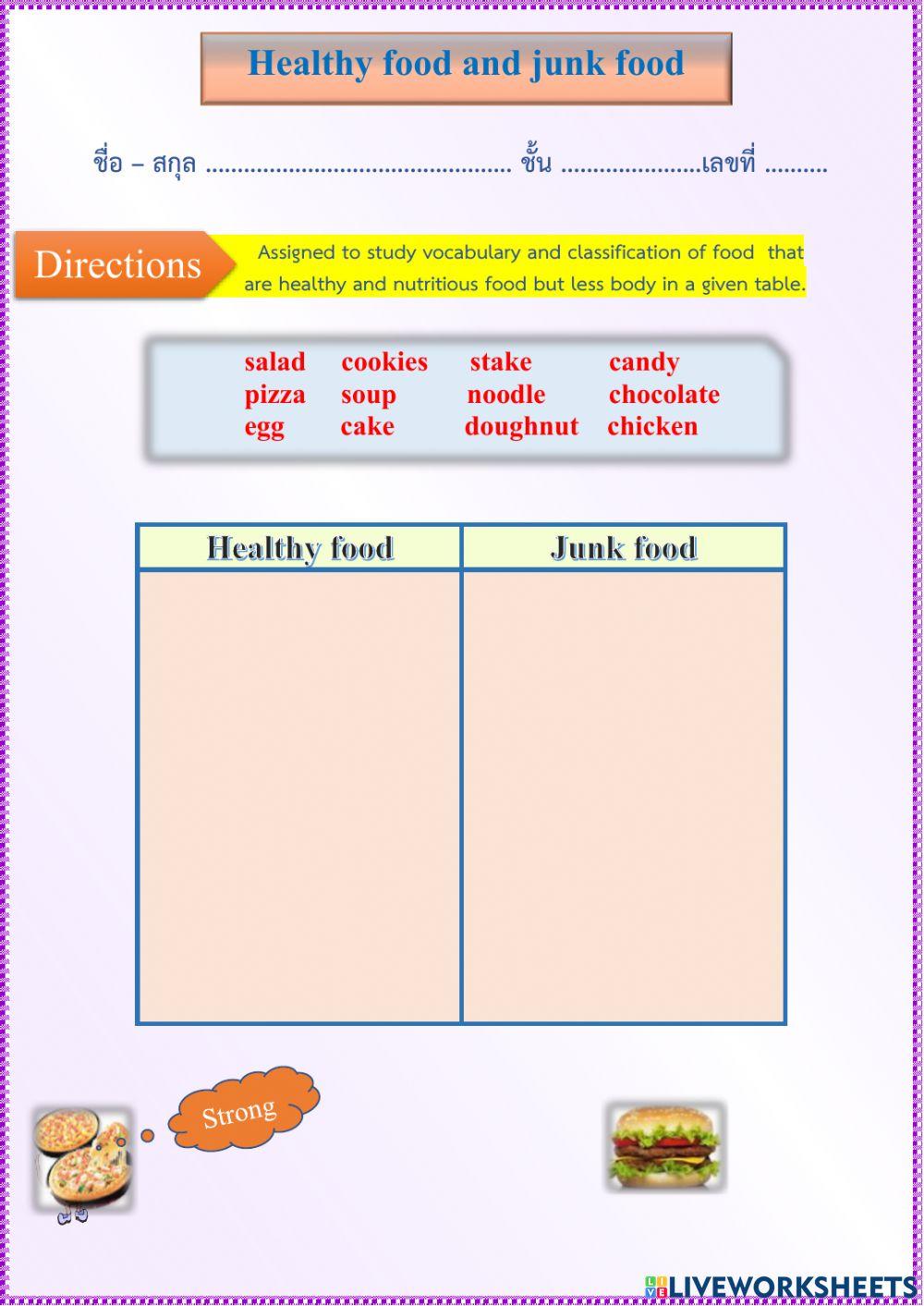 Healthy food and Junk food activity Live Worksheets