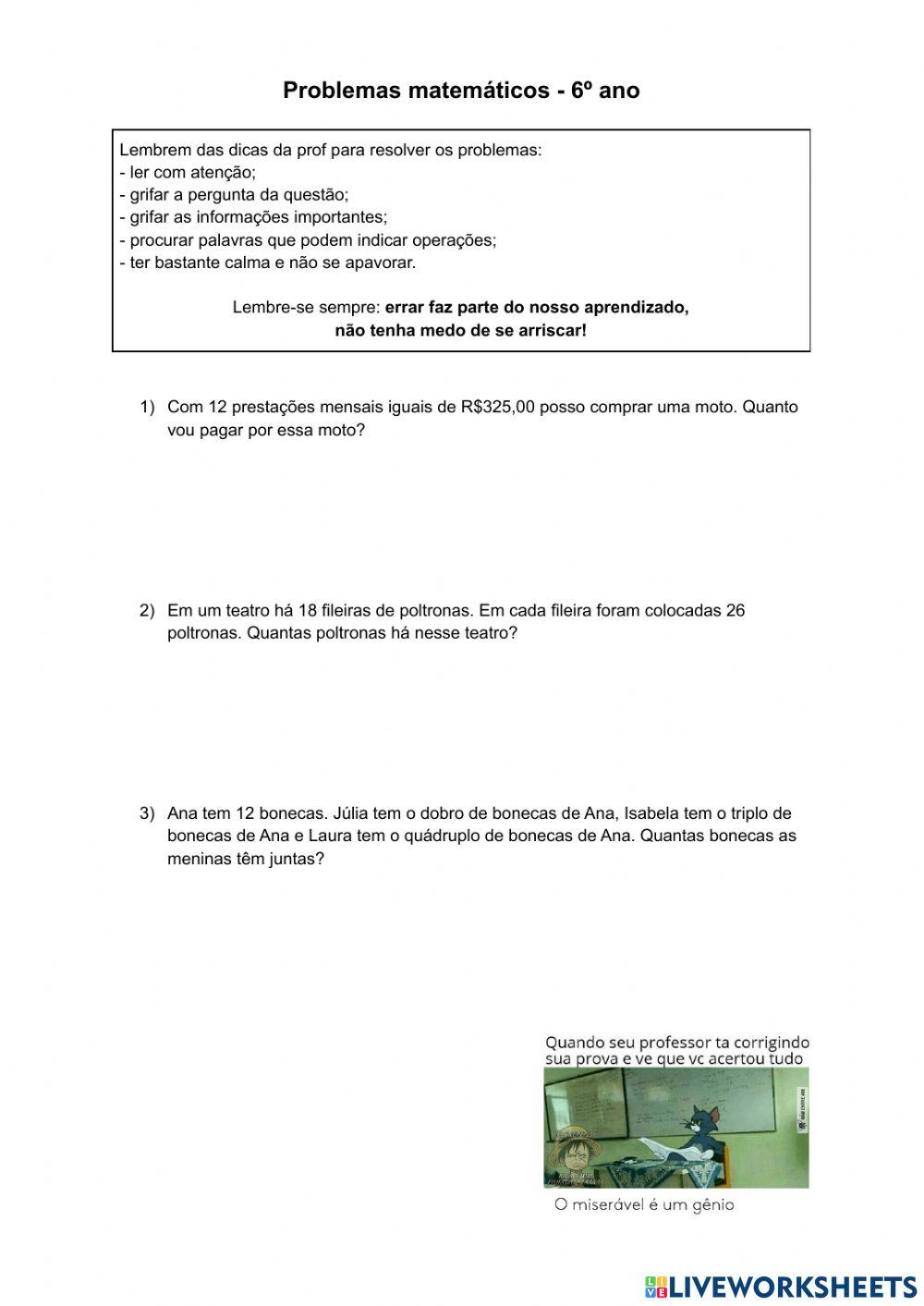 Problemas matemáticos - 6º ano