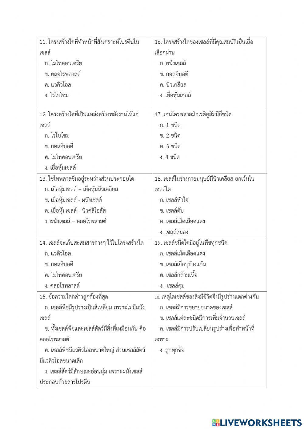 เเบบทดสอบก่อนเรียน เรื่อง เซลล์