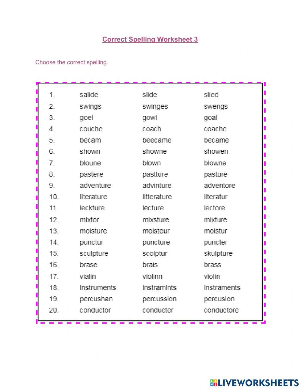 Correct Spelling Worksheet 3 Correct Spelling Worksheet 3