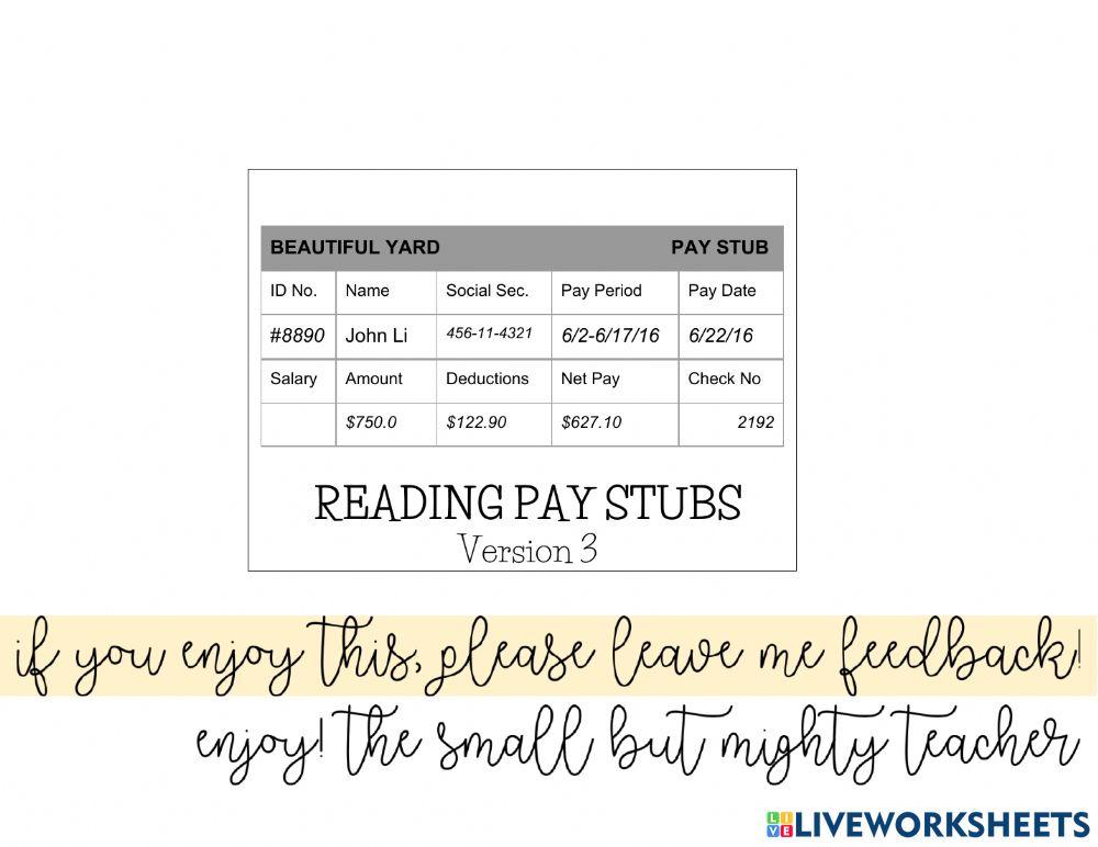 Reading Pay Stubs worksheet Live Worksheets