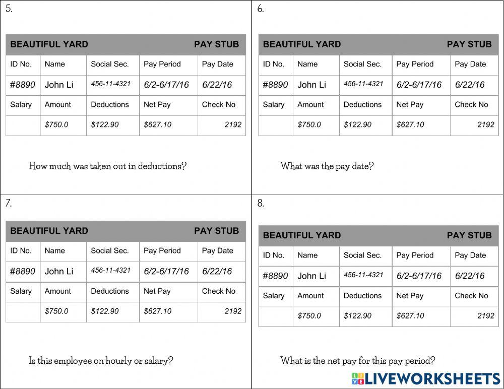 Reading Pay Stubs worksheet Live Worksheets