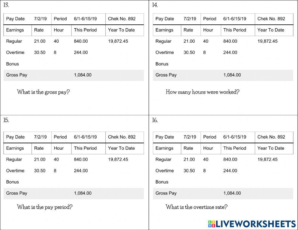 Reading Pay Stubs worksheet Live Worksheets