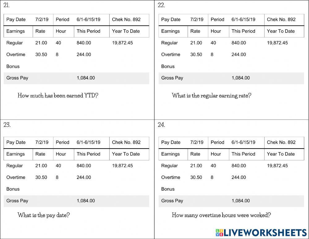 Reading Pay Stubs worksheet Live Worksheets
