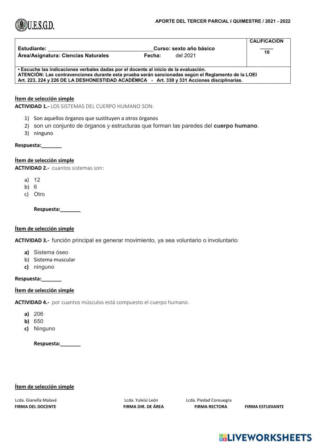 Evaluación tercer parcial ciencias naturales