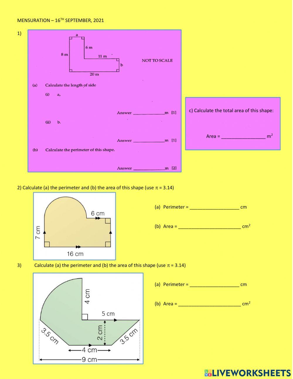 Mensuration 1 online exercise for live worksheets
