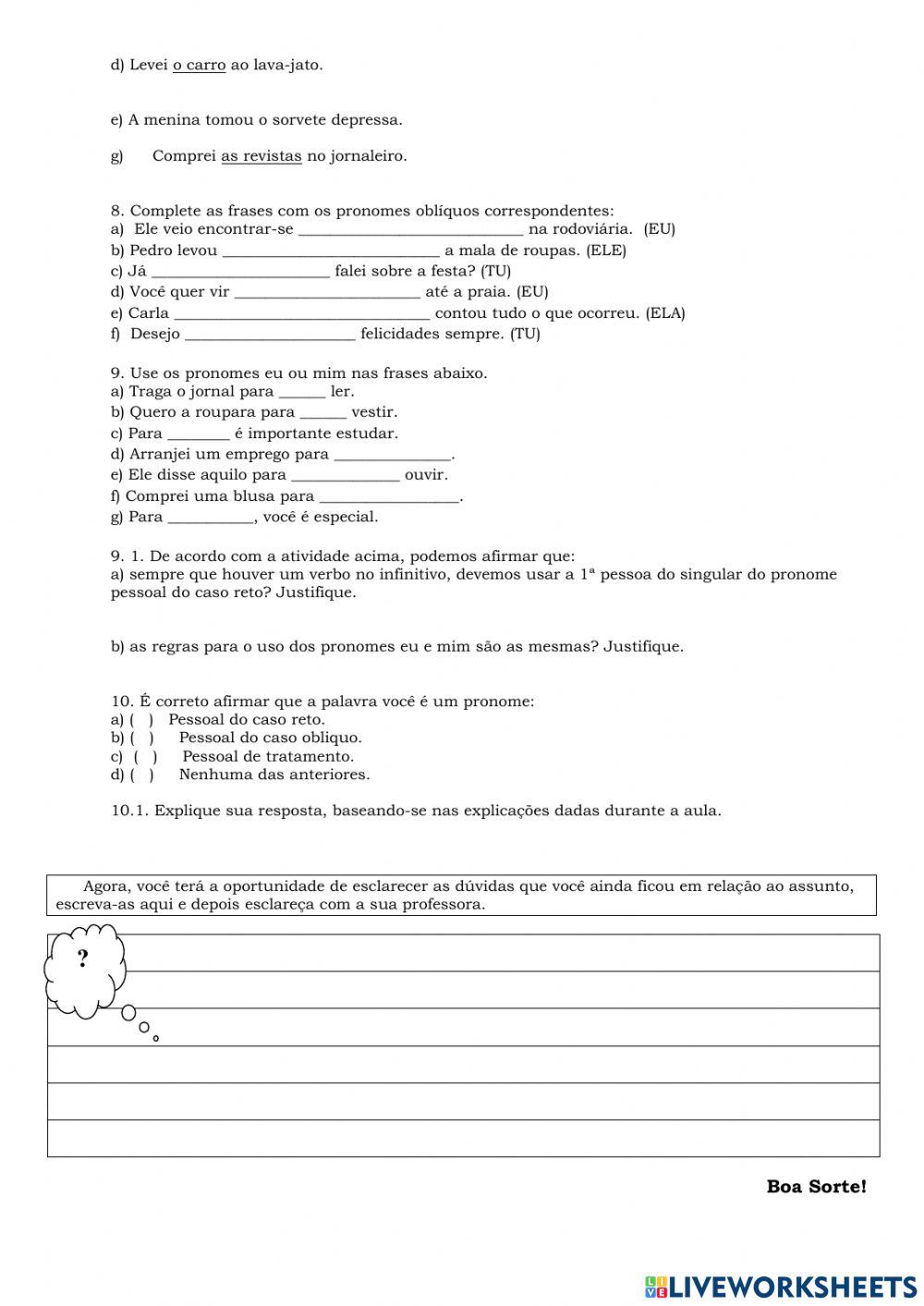 Atividade sobre uso dos pronomes pessoais