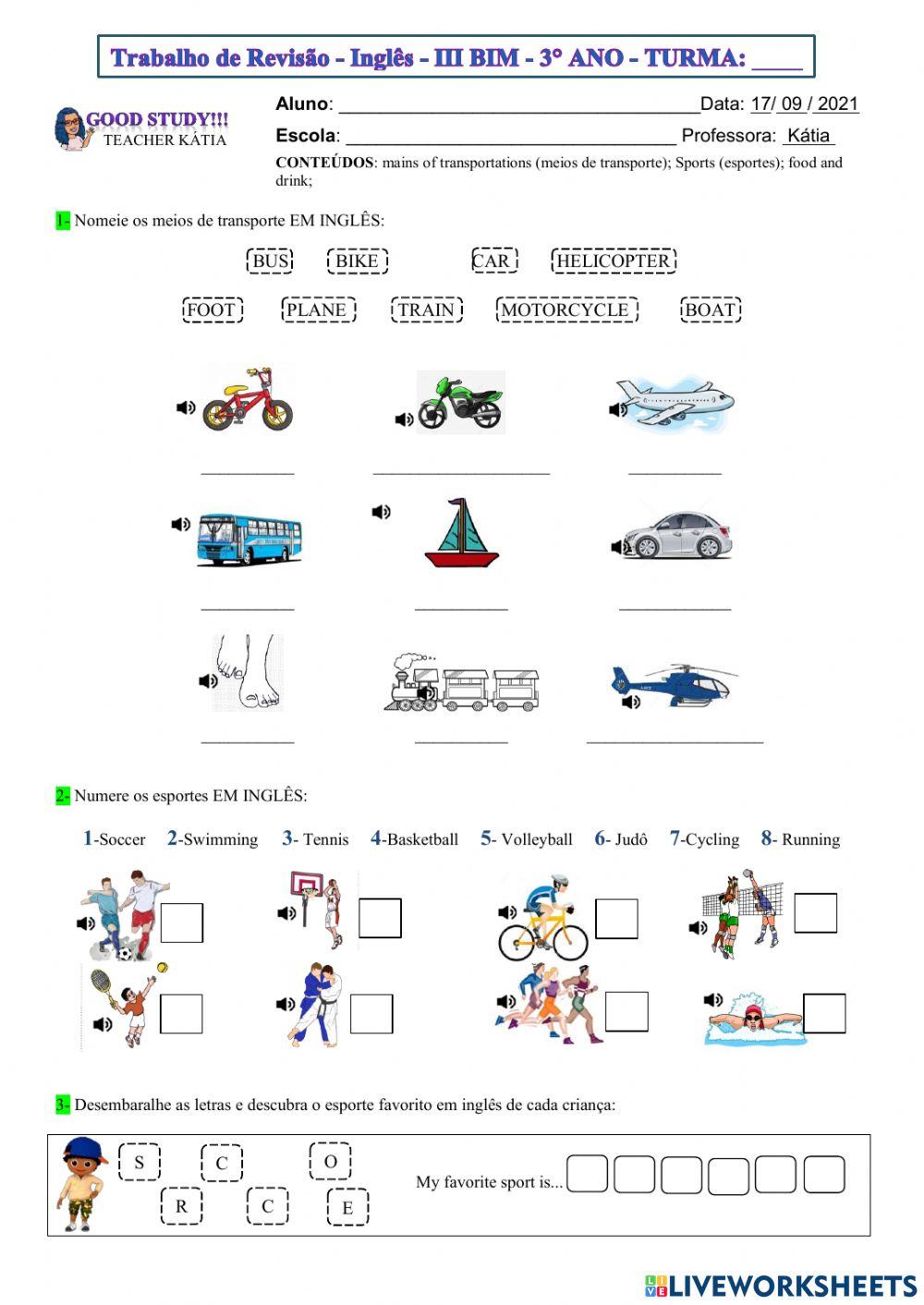 3° ano - INGLÊS - TRAB REVISÃO- 17-09-21