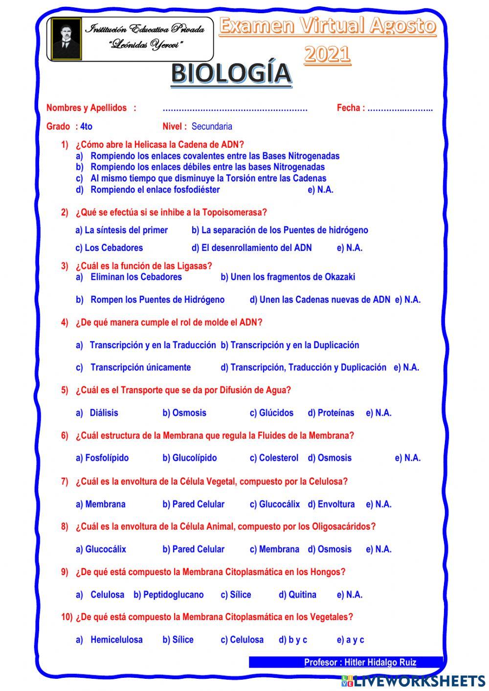 Examen Biologia 4to Sec