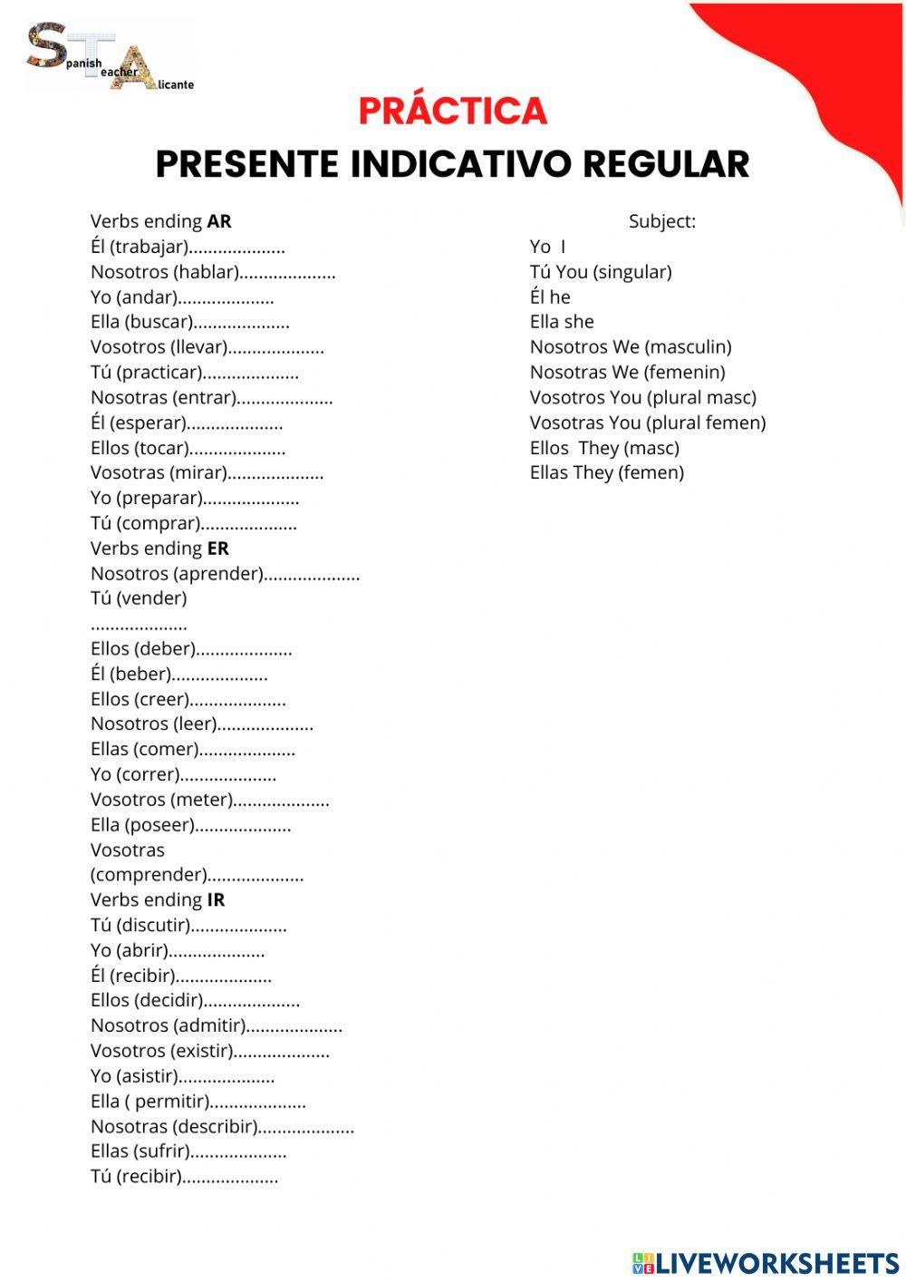 Presente indicativos verbos regulares