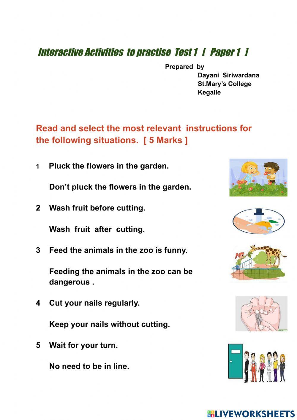 Interactive Activities to practise Test 01  English paper 1 