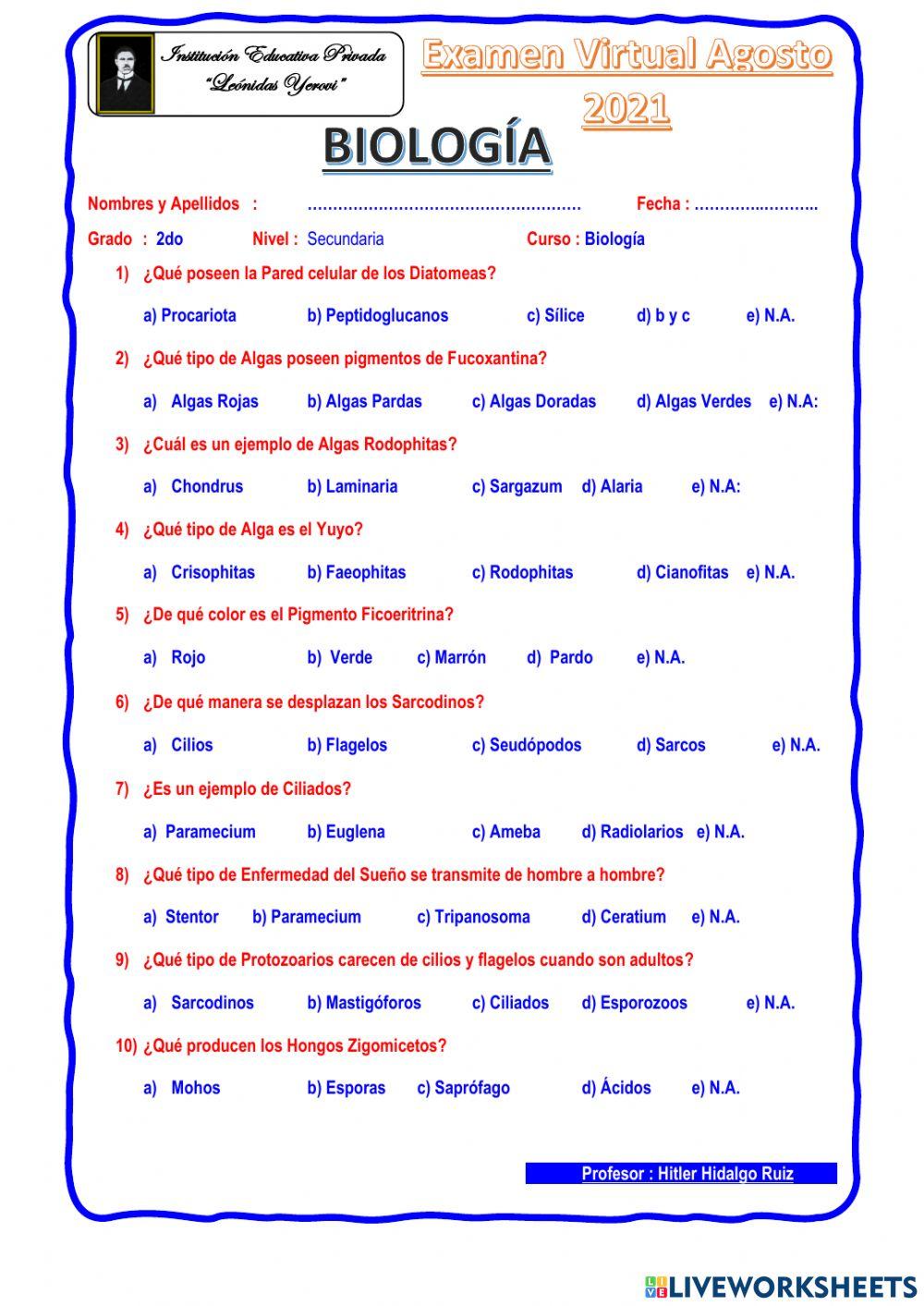 Examen Biologia 2do Sec