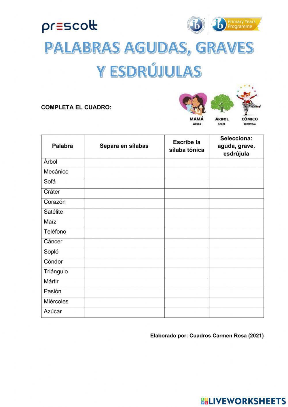 Palabras agudas, graves y esdrújulas online pdf activity | Live Worksheets