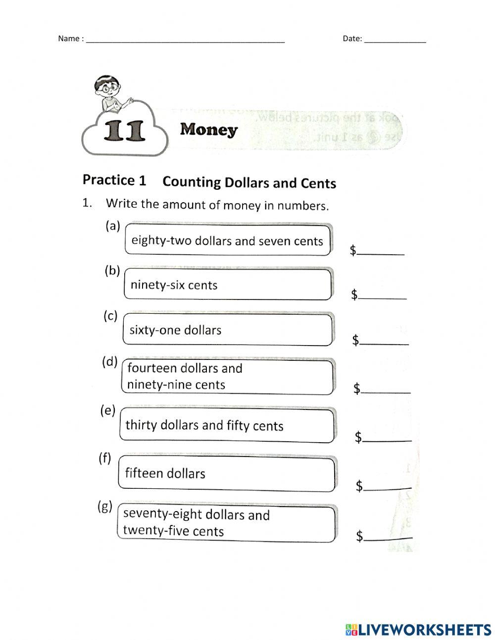 Money: Counting Dollars and cents online exercise for | Live Worksheets