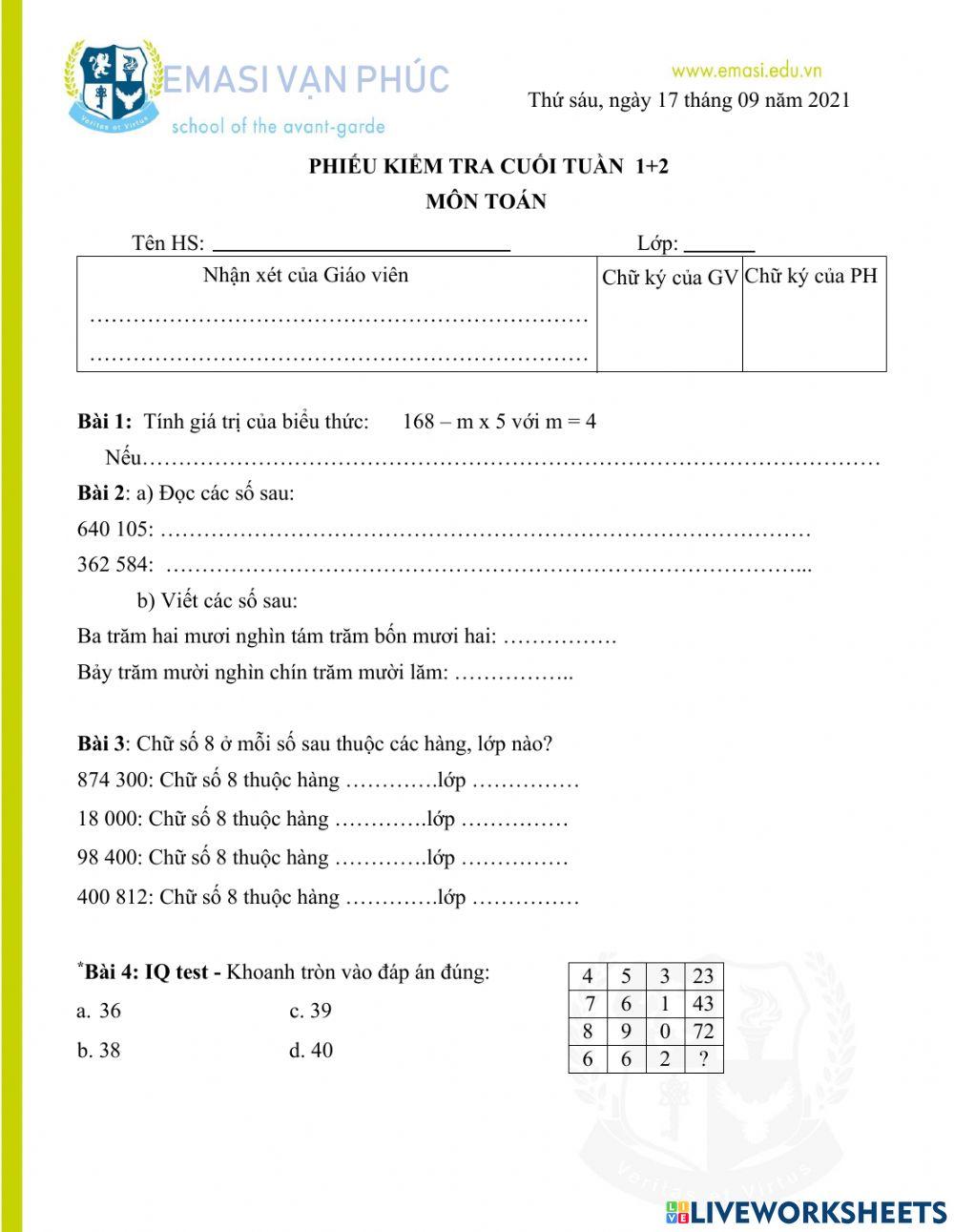 Đề kiểm tra tuần 1 + 2