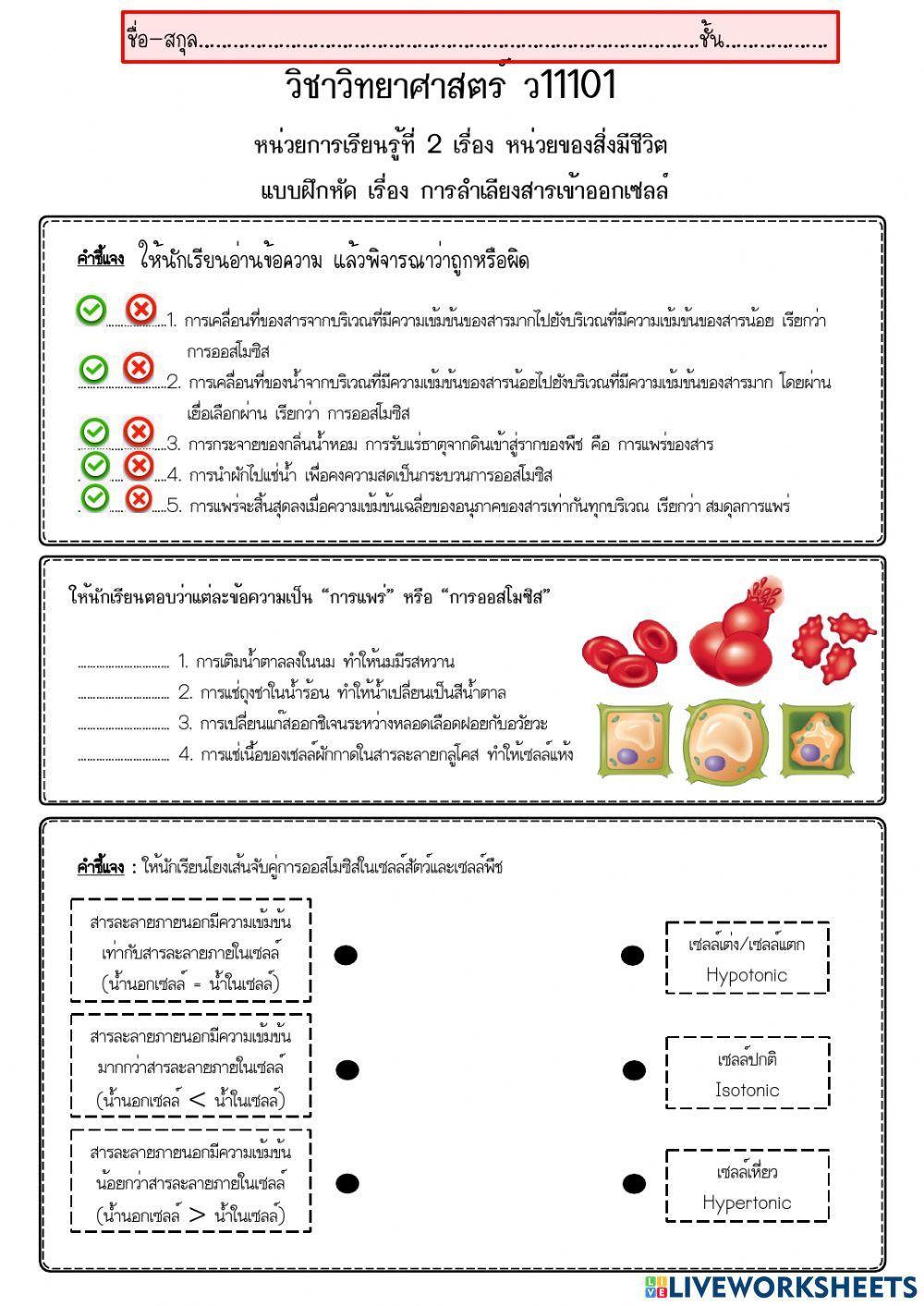 ใบงาน การลำเลียงสารเข้าและออกจากเซลล์