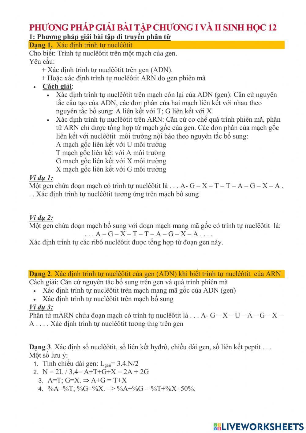 Bài tập chương II. sinih 12
