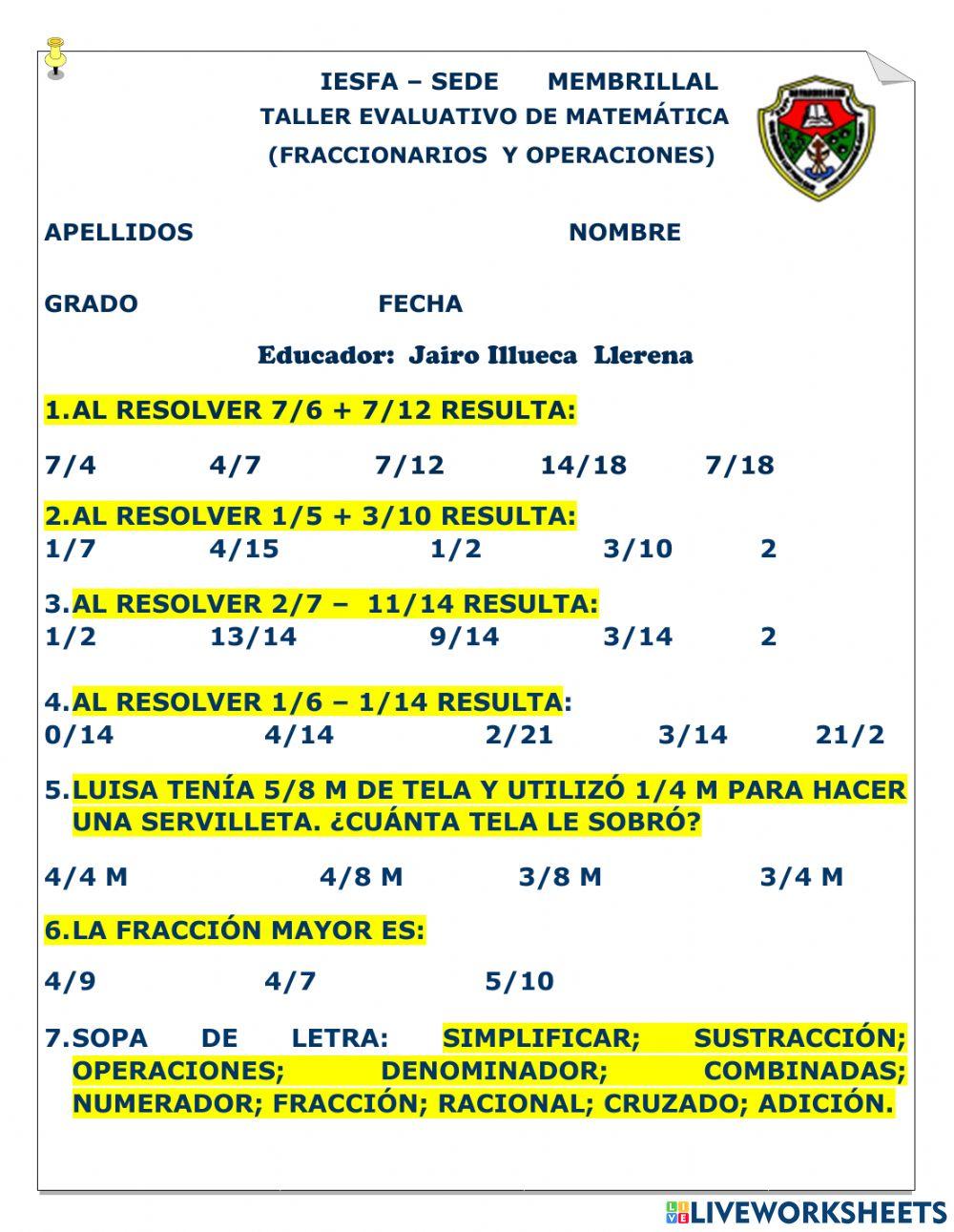 Operaciones con fraccionarios