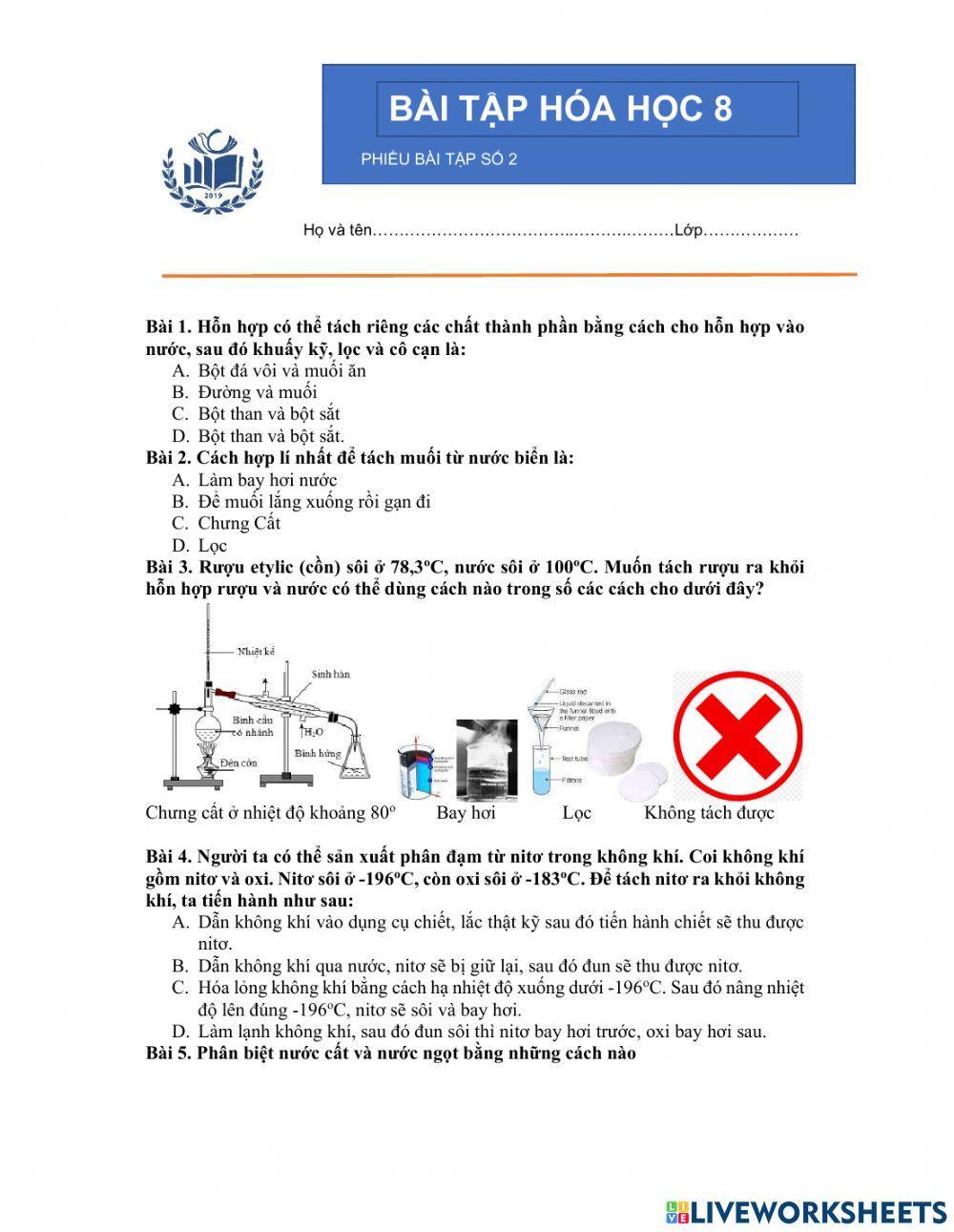 Phiếu bài tập 2 - Hóa học 8