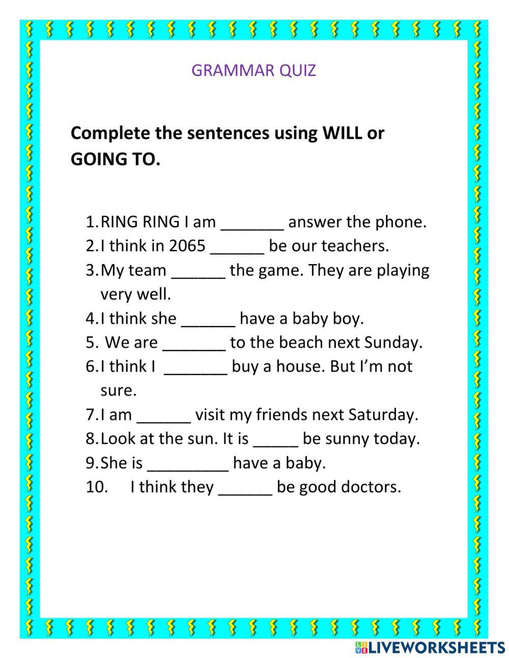 Grammar quiz online pdf activity for 6th Live Worksheets
