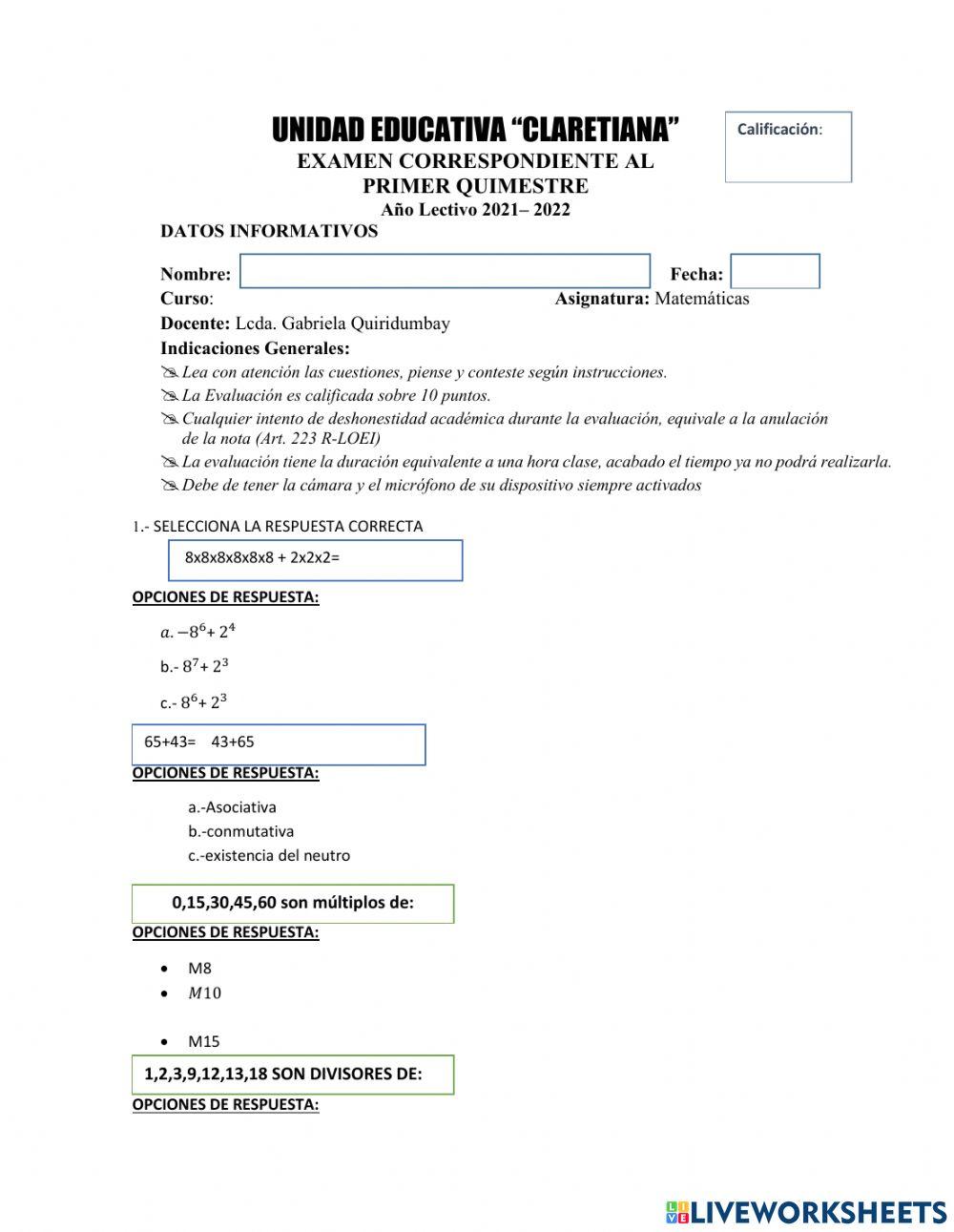 Examen del I Quimestre
