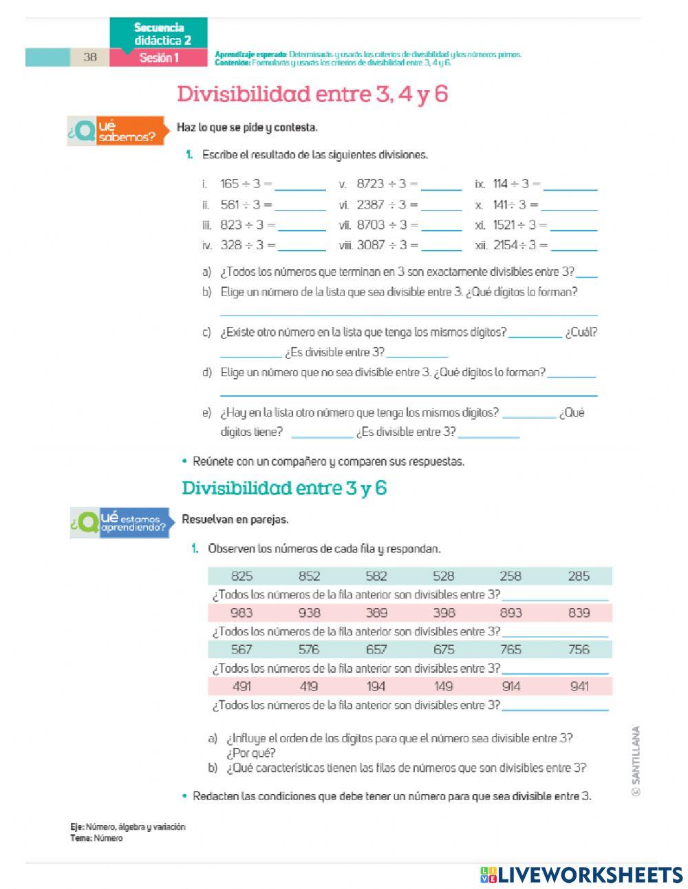 Divisibilidad entre 3, 4 y 6