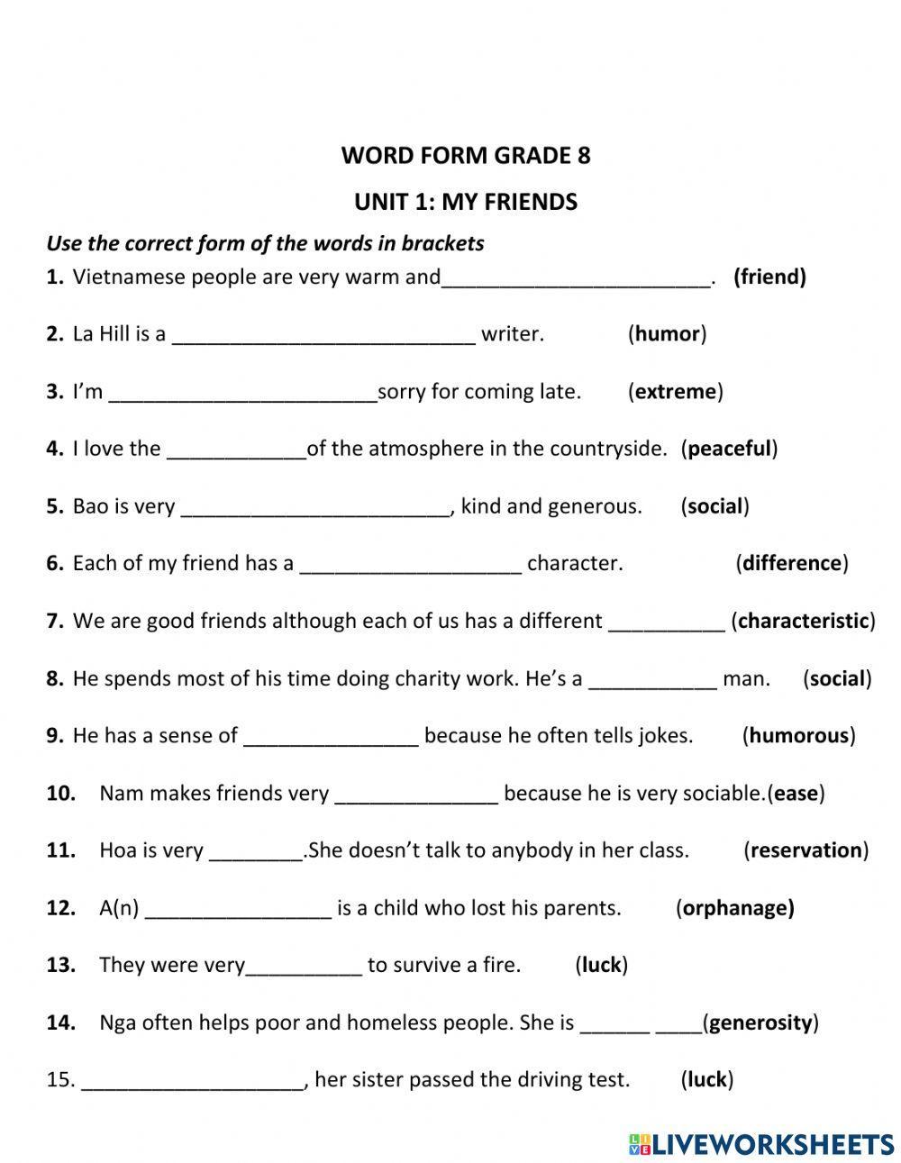 Word form unit 1 grade 8