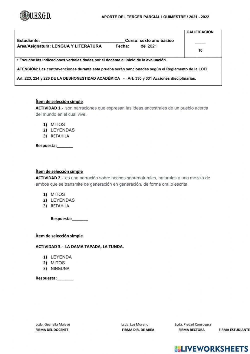 Evaluación tercer parcial LENGUA