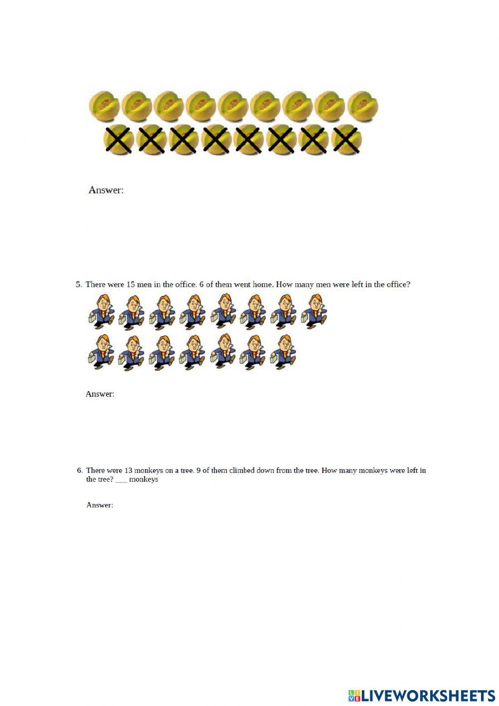 Subtract to 20 with Images Word Problems