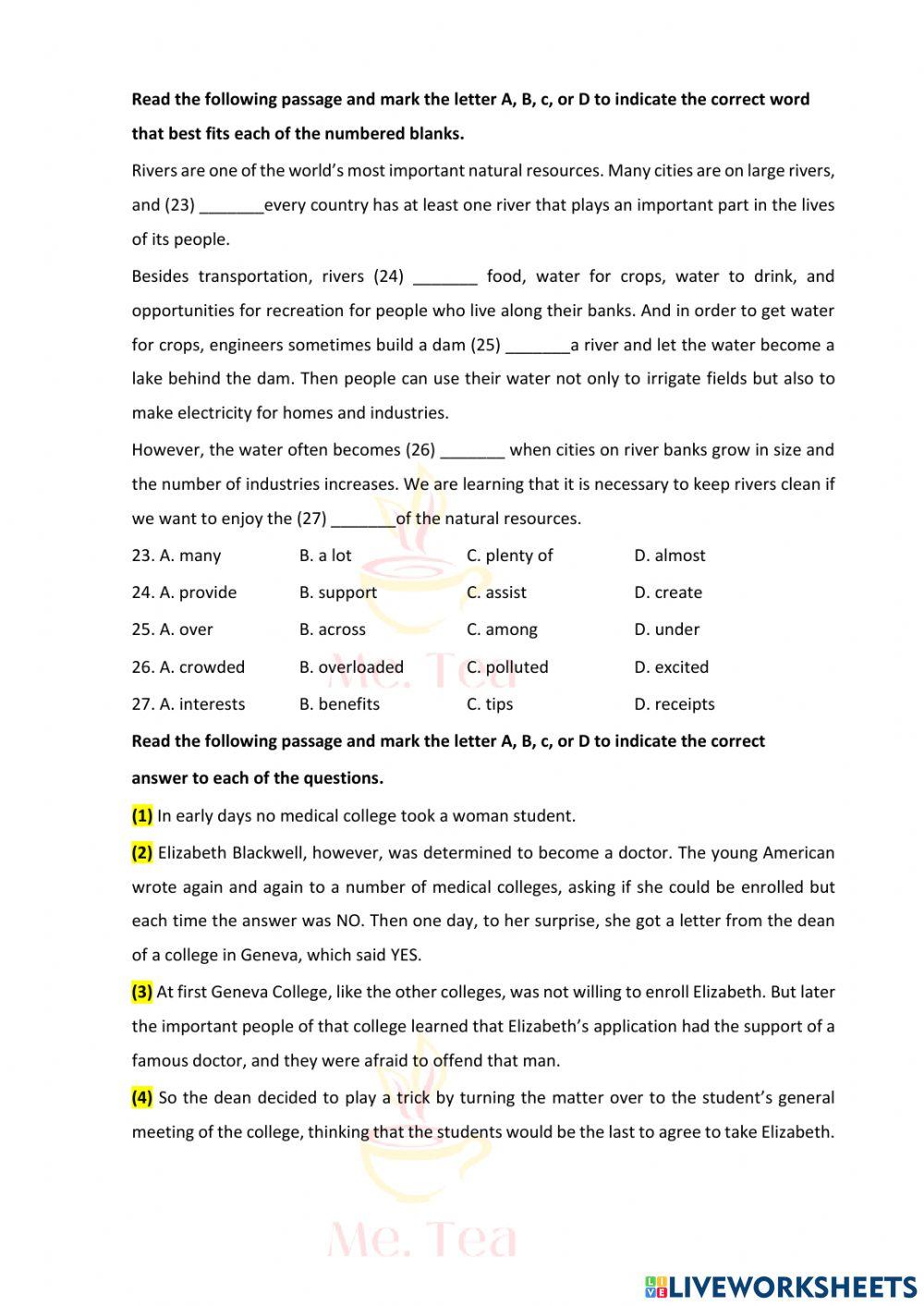 Practice Test 10 - Reading worksheet | Live Worksheets