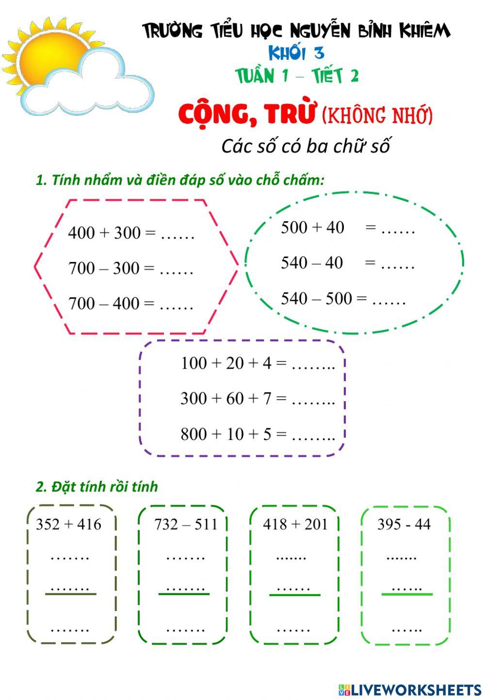 Cộng trừ các số cố ba chữ số không nhớ