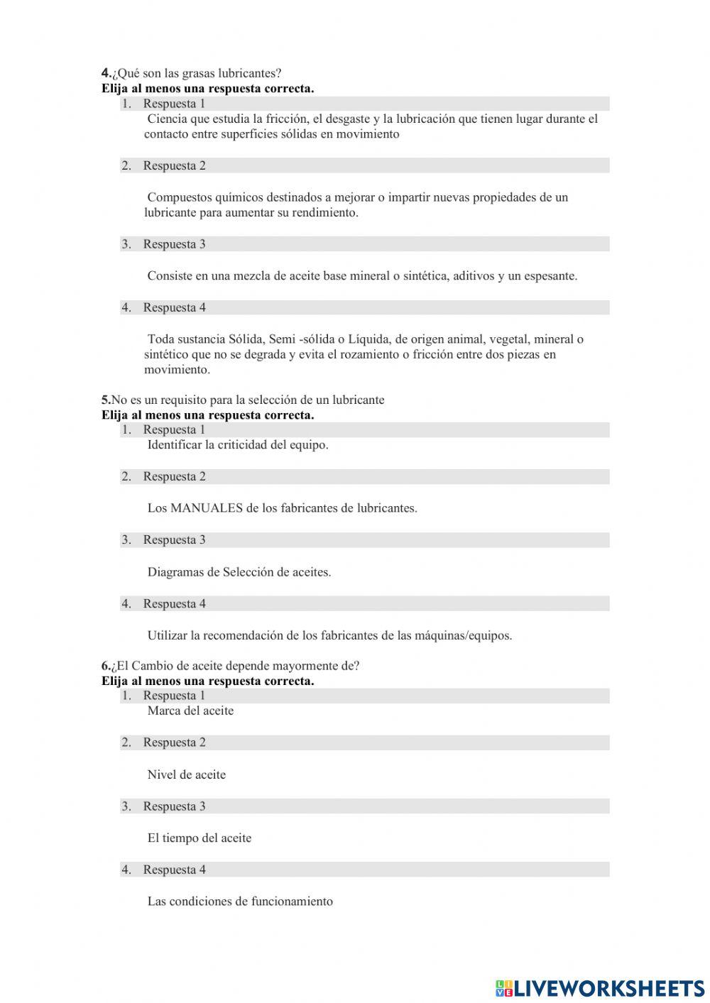 Cuestionario lulubricación