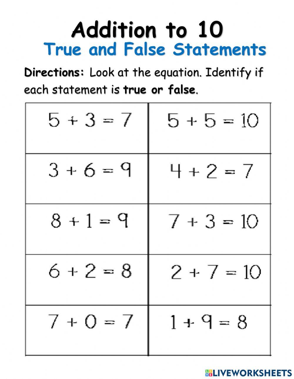Addition - True and False Statements
