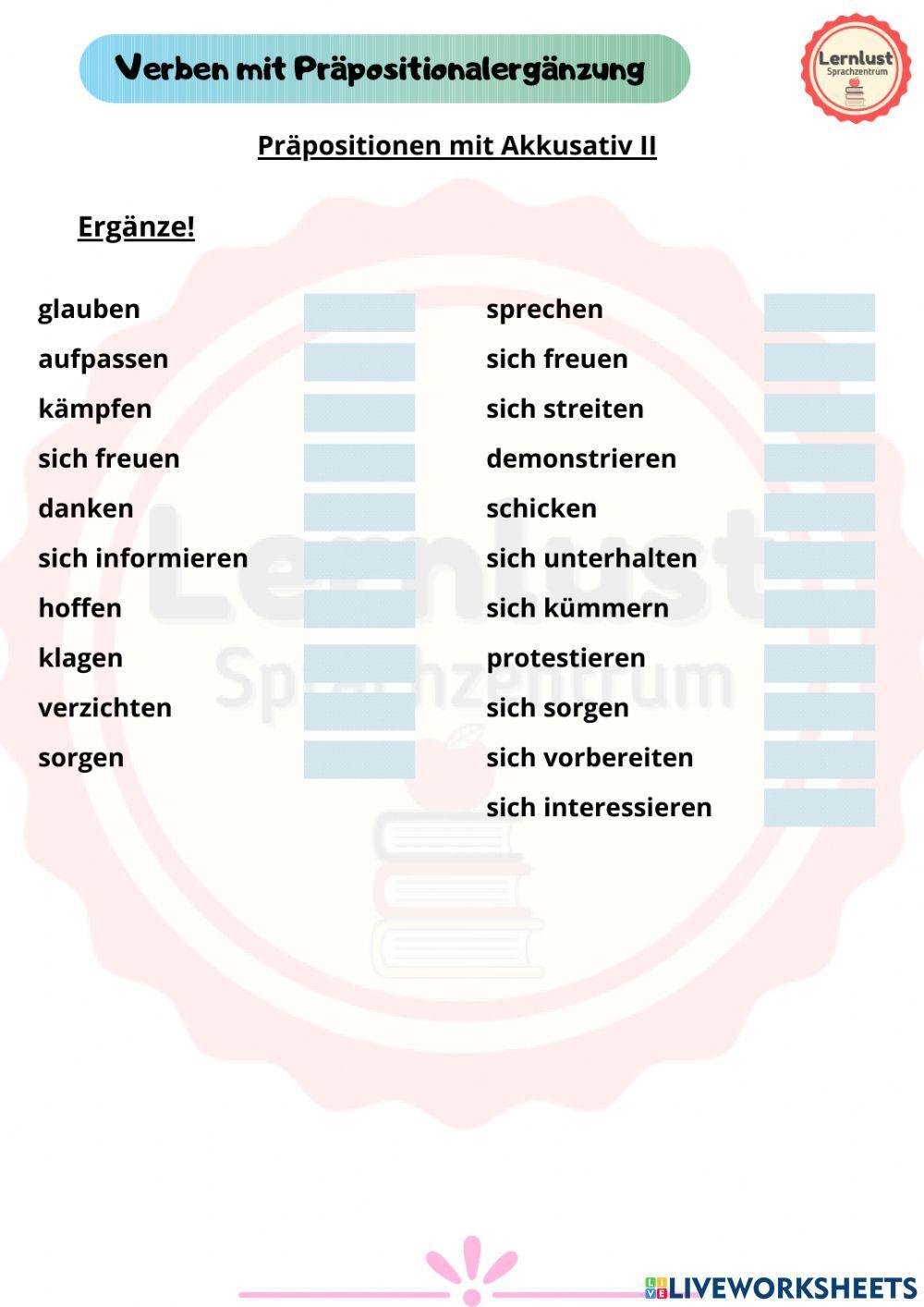 Verben mit Präpositionen - Akkusativ - II