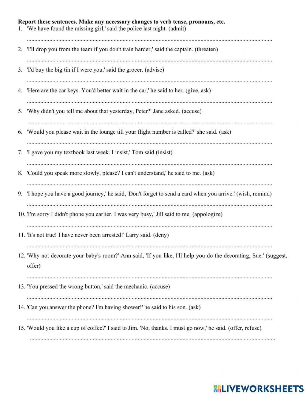 Reported speech with gerund interactive worksheet | Live Worksheets