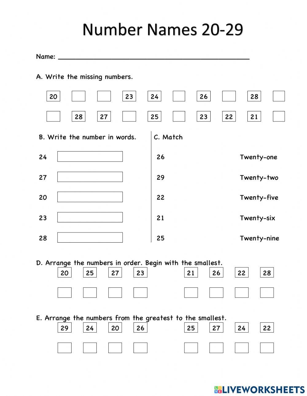 1406929 | Number names 20-29 | RHS007 | LiveWorksheets