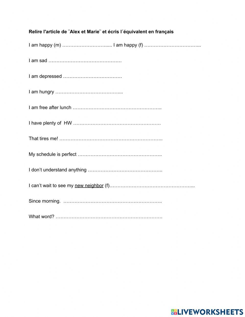 Alex et Marie traduction de phrases